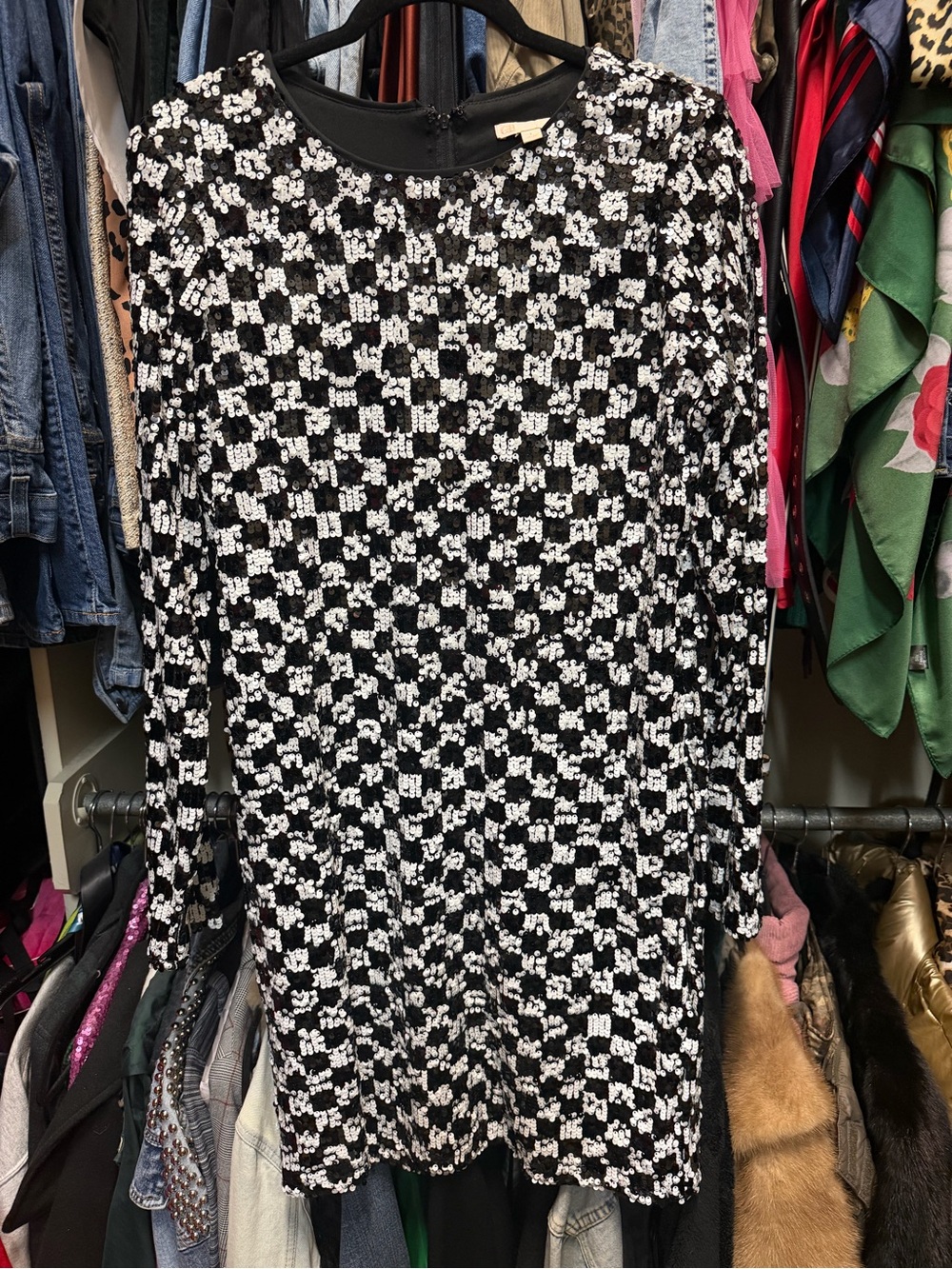 Gianni Bini Black & White Sequin Checkered Long Sleeve Dress